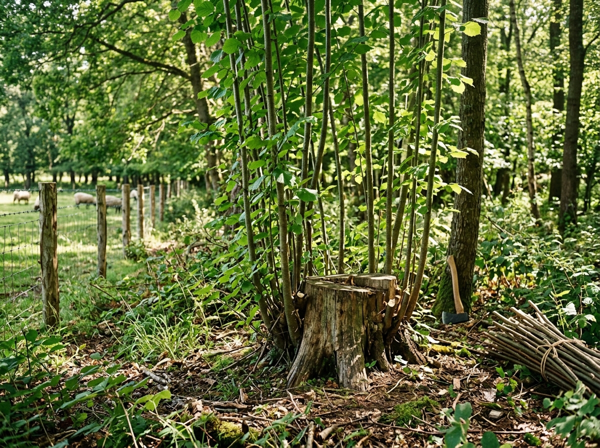 Coppiced tree stool in woodland with straight new poles sprouting from base