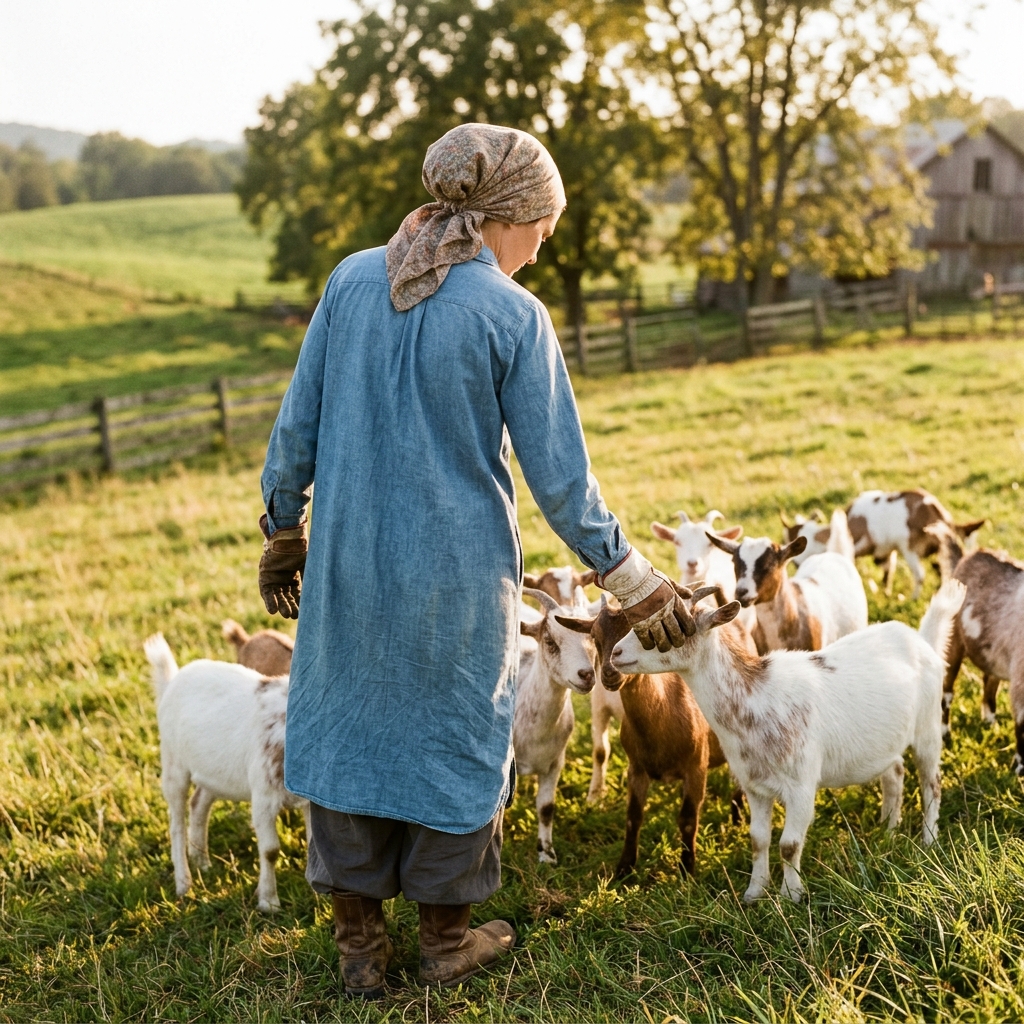 Mother wearing modest clothing and work gloves interacting with gentle fainting goats on golden hour pasture