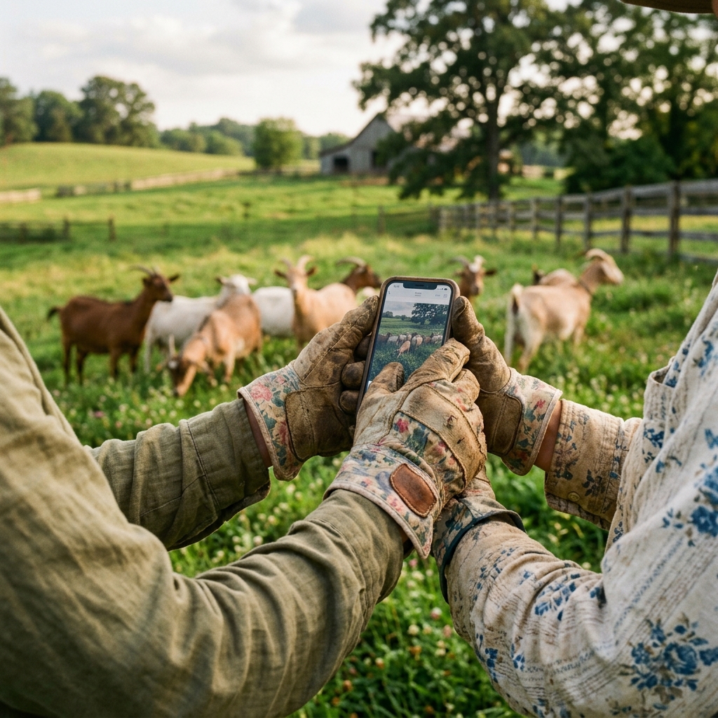Hands in work gloves holding a smartphone in pasture with heritage goats