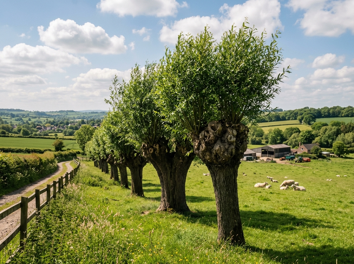 Traditional pollarded willow trees in a lush pasture with crowns above livestock browse height